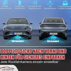 CARMATRIX Solar Rückfahrsystem HD Rückfahrkamera im Nummernschild mit Einparksensoren für Front und Heck
