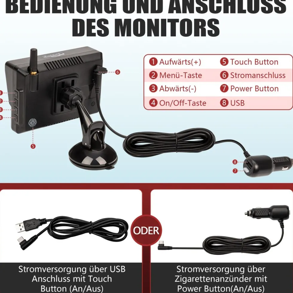 CARMATRIX Solar Rückfahrsystem HD Rückfahrkamera im Nummernschild mit Einparksensoren für Front und Heck