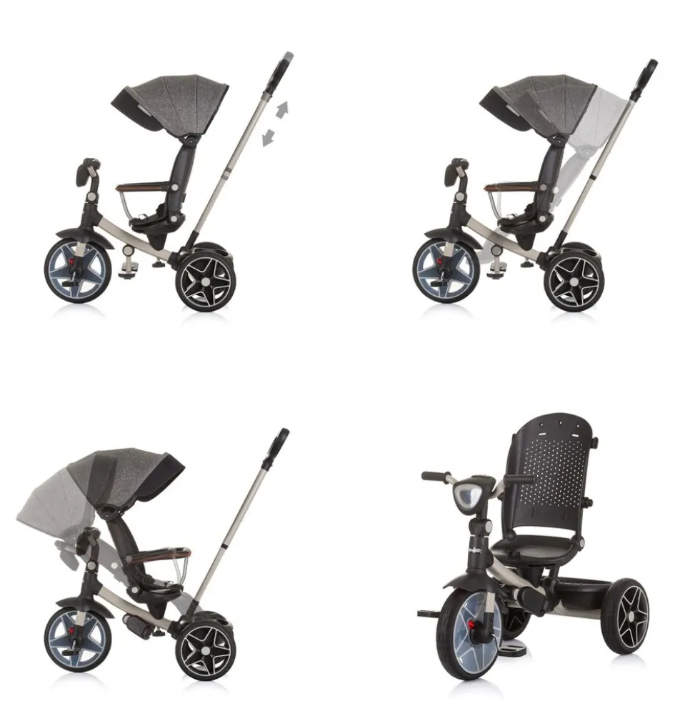 Chipolino Dreirad, Tricycle Derby 2 in 1 Musik, Licht, Korb, Schiebegriff, Gurt grau