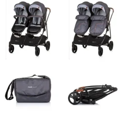 Chipolino Geschwisterkinderwagen Duo Smart klappbar umbaubar verstellbar Fußsack grau hellgrau