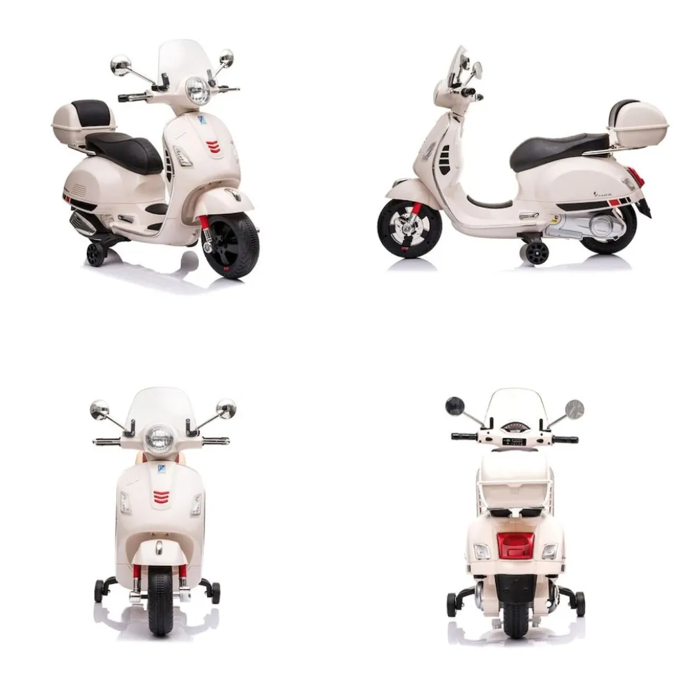 Chipolino Kindermotorrad Vespa GTS Super Heckstaufach Musik MP3 Licht 2-3 km/h weiß