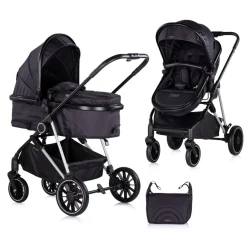 Chipolino Kinderwagen Aura 2 in 1 umbaubar Wickeltasche Sitz umkehrbar bis 22 kg schwarz gemustert