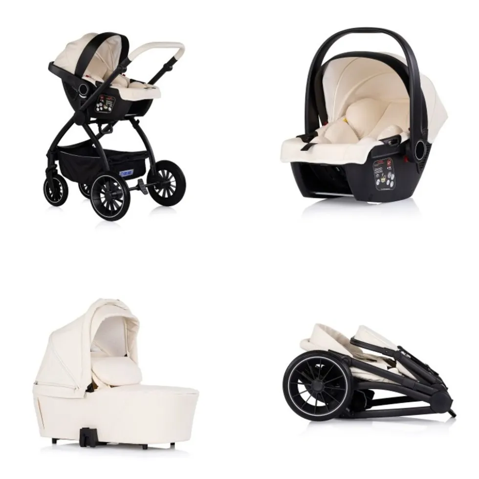 Chipolino Kombikinderwagen 3 in 1 Prestige Babywanne Rucksack i-Size Babyschale beige-schwarz