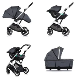 Chipolino Kombikinderwagen Aurora 3 in 1 Babyschale Babywanne Sportsitz Tasche dunkelgrau