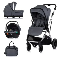 Chipolino Kombikinderwagen Aurora 3 in 1 Babyschale Babywanne Sportsitz Tasche dunkelgrau