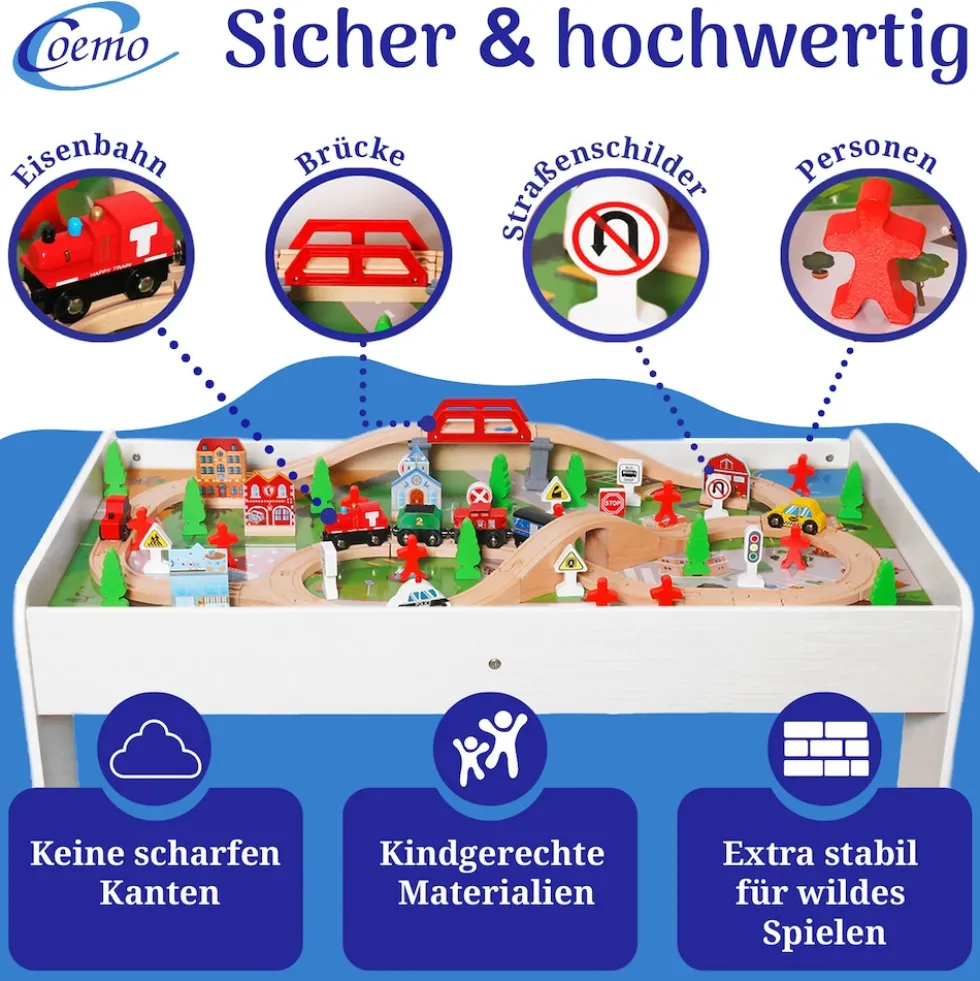 Coemo Spieltisch mit 90-tlg. Holzeisenbahn Farbe Weiß