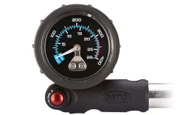 Dämpferpumpe, für Dämpfer und Federgabel, 20 bar, mit Manometer, mit Drehschlauch und Entlüftungsknopf, mit ausklappbarem T-Griff