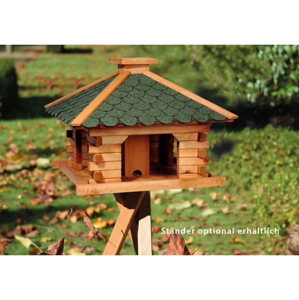 Dobar Rustikales XL-Vogelfutterhaus im Blockhaus-Stil mit grünem Bitumendach, Vogelhaus mit integriertem Futtersilo