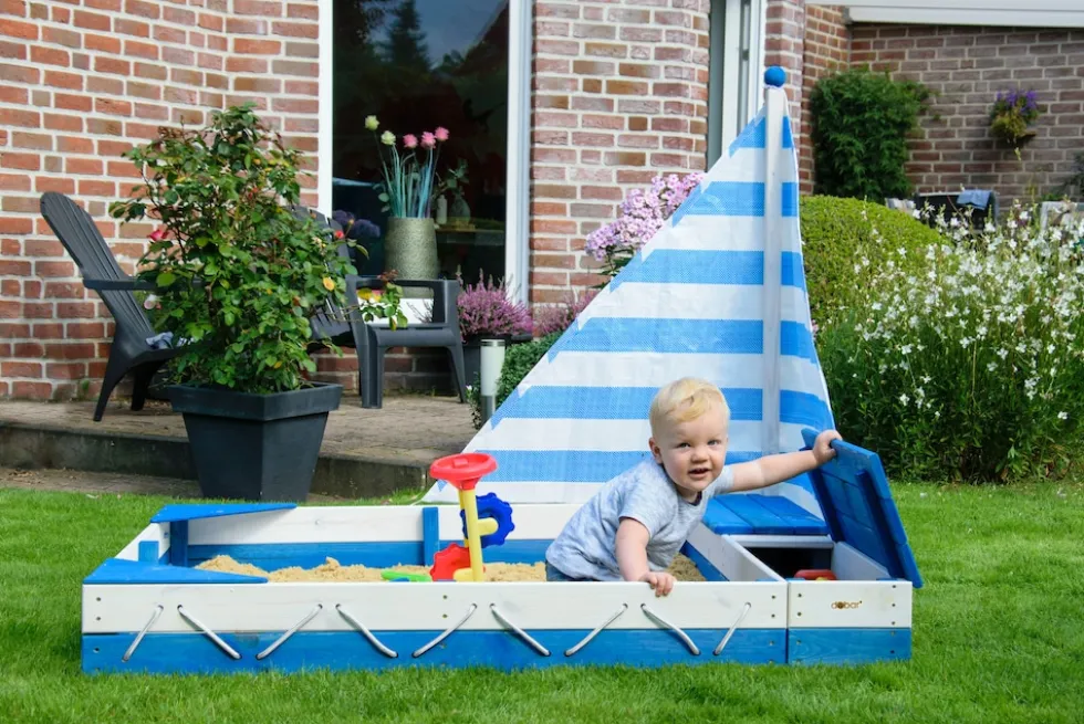 dobar Sandkasten "Maritim" mit Segel und Spielzeugkisten