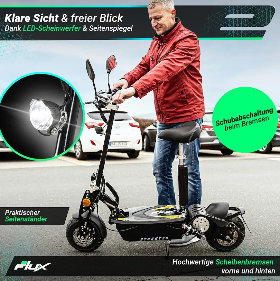 eFlux Street 20 Pro E-Scooter, Straßenzulassung, 20 km/h, 500 Watt, Elektroroller mit Sitz, klappbar