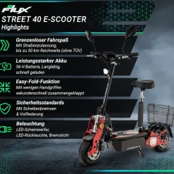 eFlux Street 40 Pro, E-Scooter, Straßenzulassung, 35 km/h, 800 Watt, mit Sitz, Gepäck-Korb, klappbar