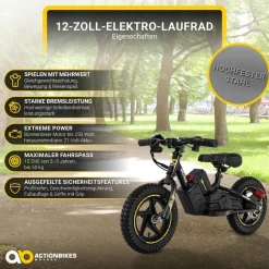 Elektro-Laufrad, 12 Zoll, Kinder-Balance-Bike m. 250 Watt, Scheibenbremsen, 3 Geschwindigkeitsstufen (Gelb)