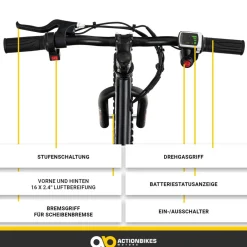 Elektro-Laufrad, 16 Zoll, Kinder-Balance-Bike m. 250 Watt, Scheibenbremsen, 3 Geschwindigkeitsstufen (Gelb)