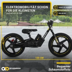 Elektro-Laufrad, 16 Zoll, Kinder-Balance-Bike m. 250 Watt, Scheibenbremsen, 3 Geschwindigkeitsstufen (Gelb)