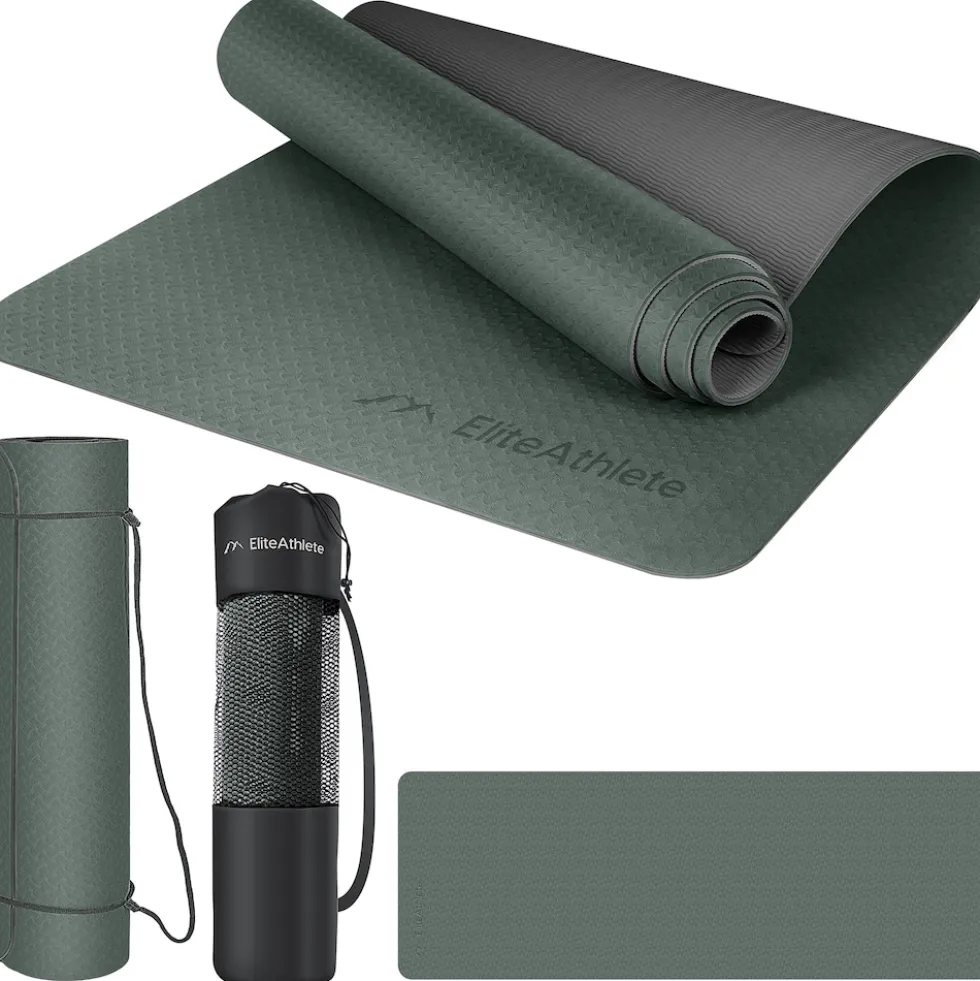 EliteAthlete® Yogamatte - Sportmatte - Fitnessmatte - Gymnastikmatte gepolstert & rutschfest für Fitness, Pilates - Yoga Matte - 183 cm x 61 cm x 0.6 cm - Trainingsmatte inkl. Transportgurt + Tasche - Deep Forest