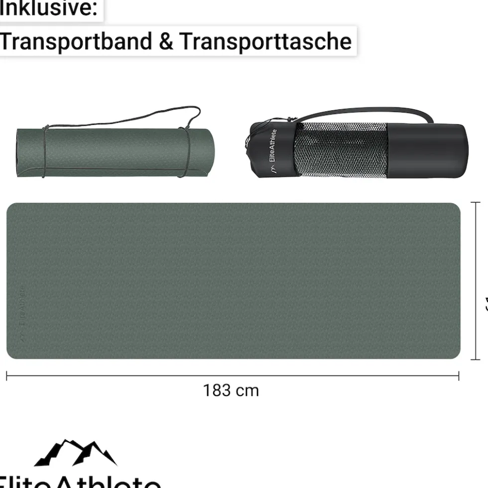 EliteAthlete® Yogamatte - Sportmatte - Fitnessmatte - Gymnastikmatte gepolstert & rutschfest für Fitness, Pilates - Yoga Matte - 183 cm x 61 cm x 0.6 cm - Trainingsmatte inkl. Transportgurt + Tasche - Deep Forest