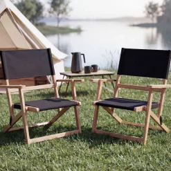 2er-Set Bambus Campingstuhl MCW-Q42, Gartenstuhl Balkonstuhl Freizeitstuhl klappbar Outdoor Stoff/Textil ~ schwarz