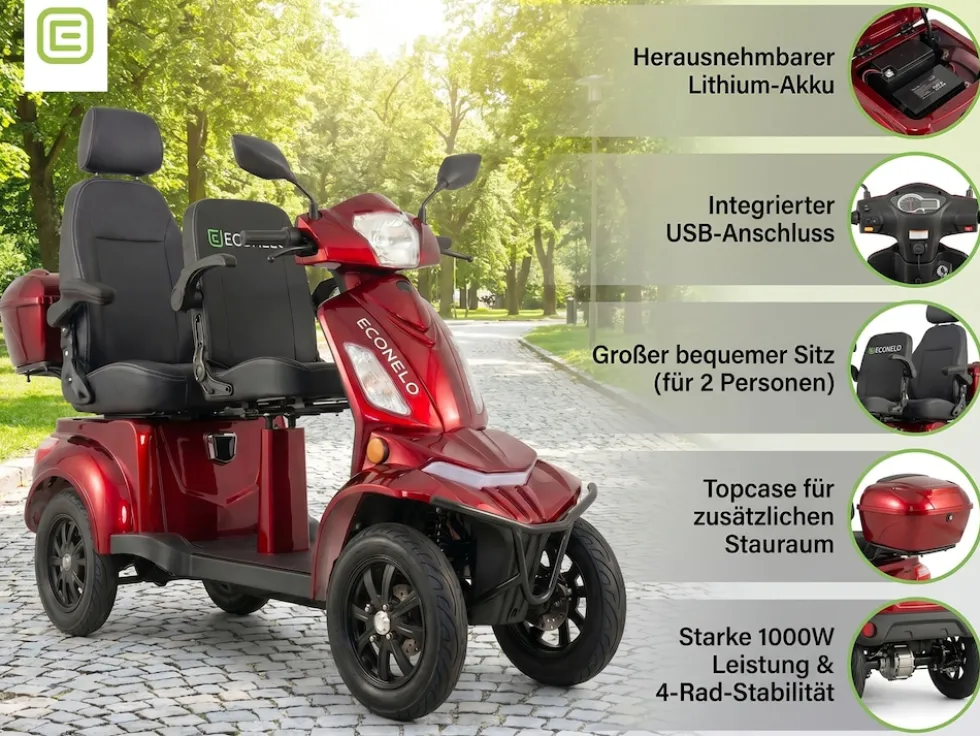 E-Seniorenmobil Vista Quarter-1L, Lithium-Akku, 4-Rad, 60V, 1000 Watt, Komfort-Sitz, Rot