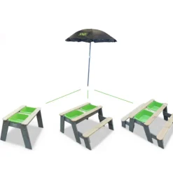 EXIT Aksent Sand,- Wasser- und Picknicktisch (1 Bank) mit Sonnenschirm und Gartenwerkzeugen