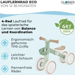 GLOBBER LEARNING BIKE – Aufsitzrad, Lernrad, 7 Zoll EVA-Bereifung, 4-rädrig, Sattel höhenverstellbar, salbei grün