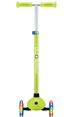 GLOBBER PRIMO PLUS LIGHTS – Tretroller Kinder, 120/80mm, ABEC 9, 3-rädrig, höhenverstellbar, LED-Leuchtrollen, lime grün