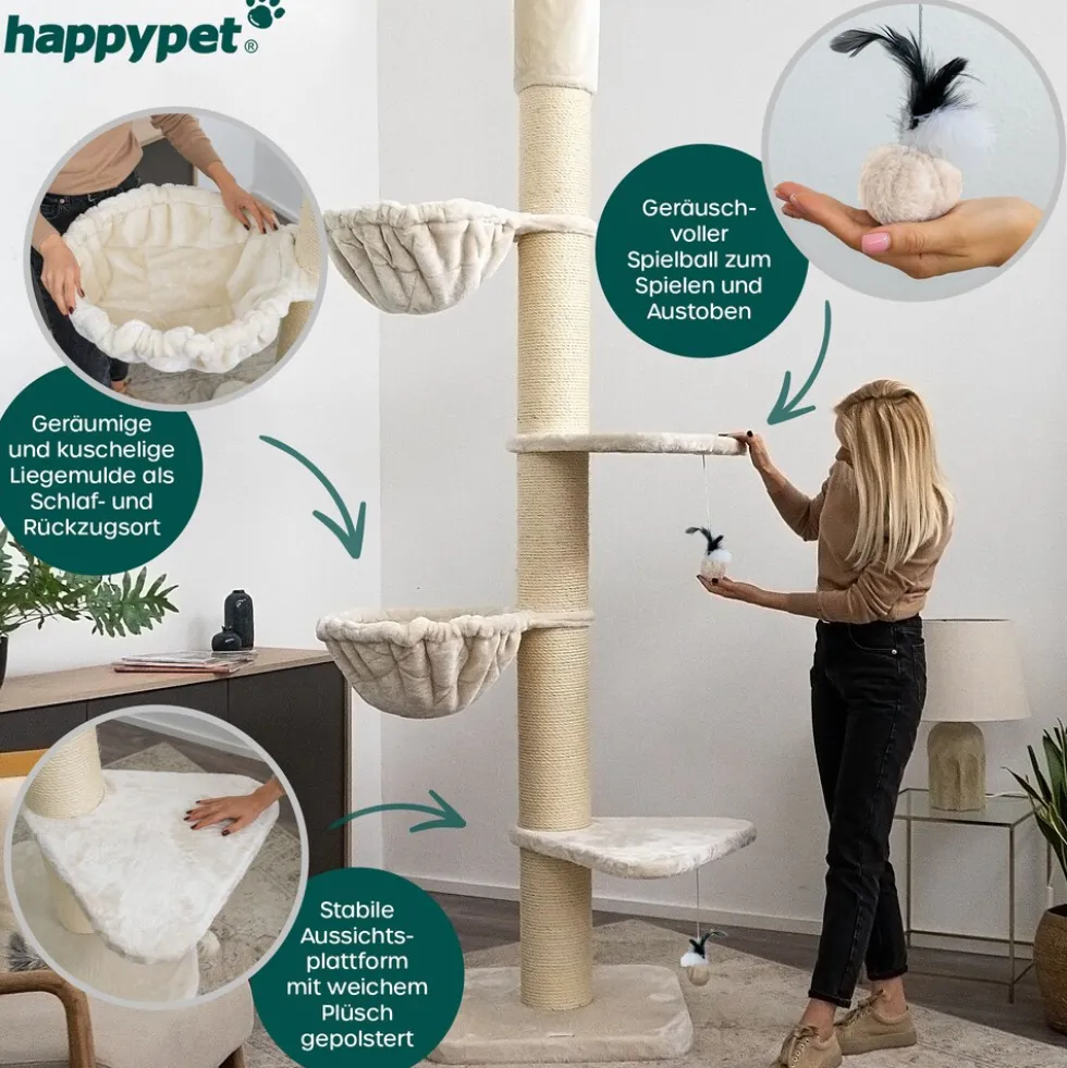 HAPPYPET Kratzbaum Grosse Katzen Stabil XXL Deckenhoch, 250 bis 275 cm | Creme Basic