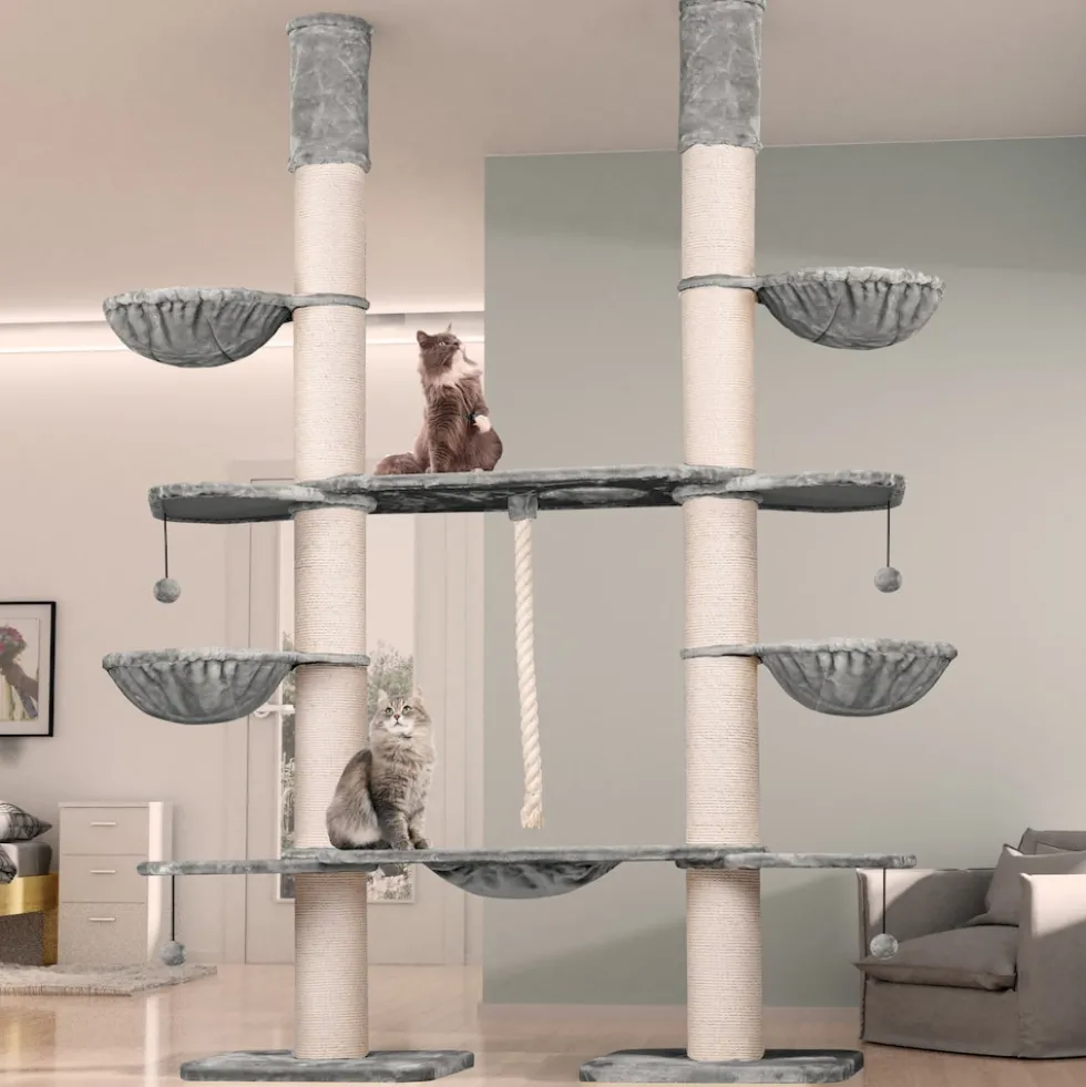 HAPPYPET XXL Kratzbaum-Landschaft für große Katzen - 2-in-1 Aktivitäts- und Sisal-Paradies mit Deckenspanner 280cm hoch | Premium Plüsch | Grau