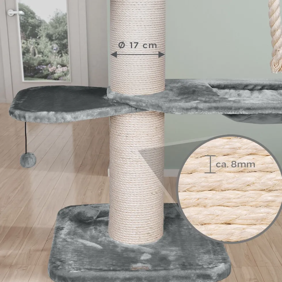 HAPPYPET XXL Kratzbaum-Landschaft für große Katzen - 2-in-1 Aktivitäts- und Sisal-Paradies mit Deckenspanner 280cm hoch | Premium Plüsch | Grau