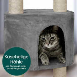 HAPPYPET XXL Kratzbaum Simba deckenhoch 260 cm - Kletterbaum Paradies, Extra Breit, Höhlen, Liegemulden, Großer Katzenbaum Stabil für Katzen, 9 cm Säulen, viel Zubehör | Grau