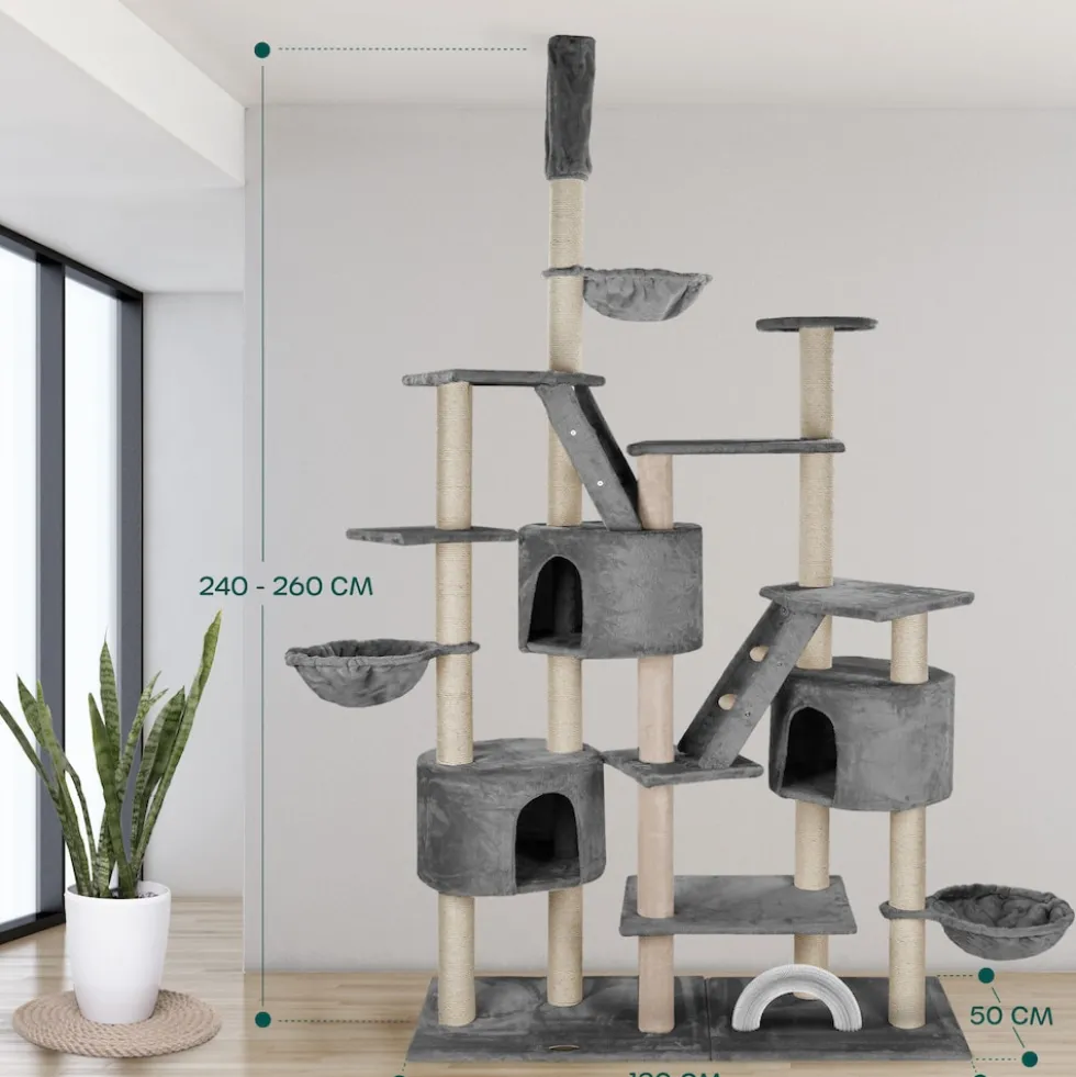 HAPPYPET XXL Kratzbaum Simba deckenhoch 260 cm - Kletterbaum Paradies, Extra Breit, Höhlen, Liegemulden, Großer Katzenbaum Stabil für Katzen, 9 cm Säulen, viel Zubehör | Grau
