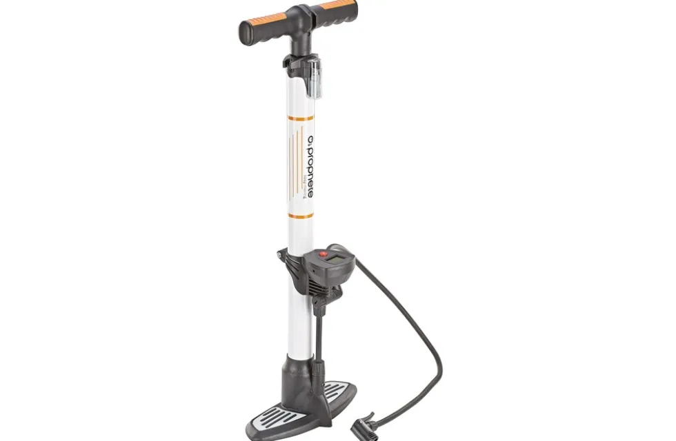 Hochleistungs Standpumpe, für alle Ventilarten, 7 bar, mit Manometer, inkl. Adapter-Set, inkl. Batterien, Aluminium
