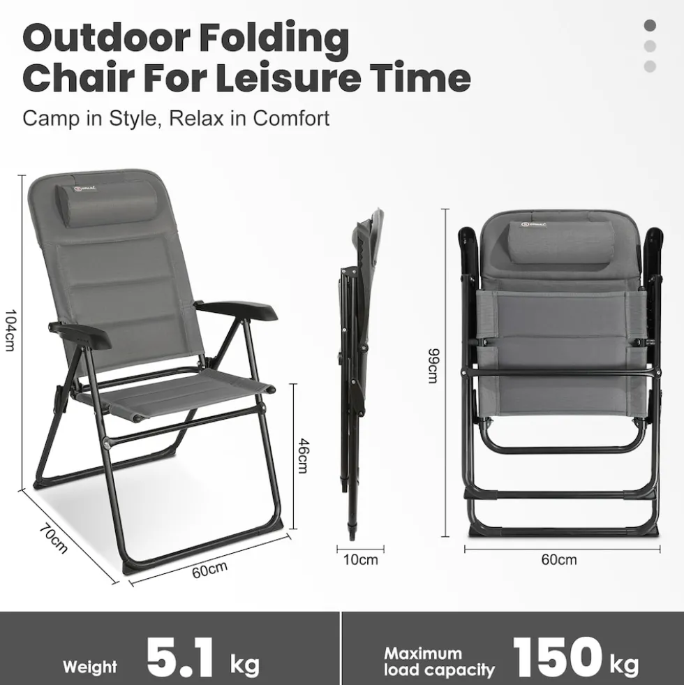 HOMECALL Campingstuhl Gartenstuhl Klappbar, Textilene gepolstert mit Quick-Dry-Schaum, 5 fach Verstellbarer Rückenlehne, bis 150kg