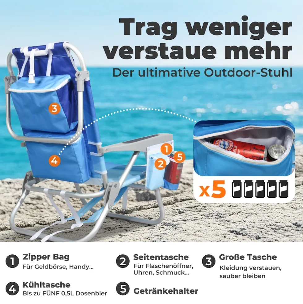 HOMECALL Klappstuhl Strandstuhl Leicht 5-fach verstellbare Rückenlehne, bis 136KG, Aluminiumrahmen, eine große isolierte Kühltasche, Aufbewahrungstasche, 1 St- Blaue Welle