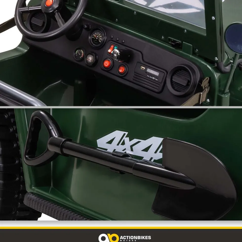 Jeep Willys Kinder-Elektroauto, 3 Sitze und 3 Gurte, Schaufel, Ersatzrad, Federung, Allrad 4x4, LEDs