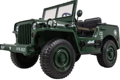 Jeep Willys Kinder-Elektroauto, 3 Sitze und 3 Gurte, Schaufel, Ersatzrad, Federung, Allrad 4x4, LEDs
