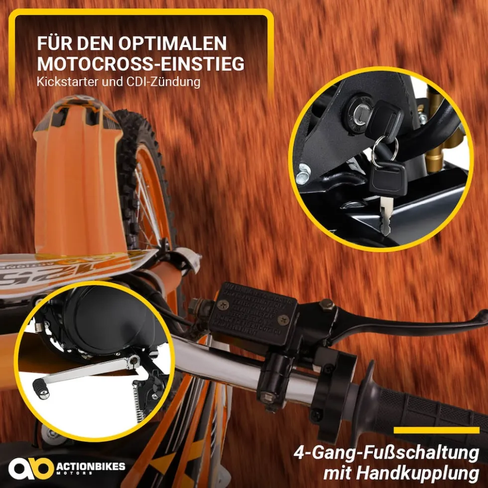 Jugend-Crossbike JC125, Benzin-Jugendmotorrad, 125 ccm, 17/14-Reifen, 4-Takt-Motor, 80 km/h, ab 14 J. (Orange)