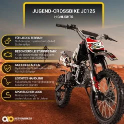 Jugend-Crossbike JC125, Benzin-Jugendmotorrad, 125 ccm, 17/14-Reifen, 4-Takt-Motor, 80 km/h, ab 14 J. (Orange)