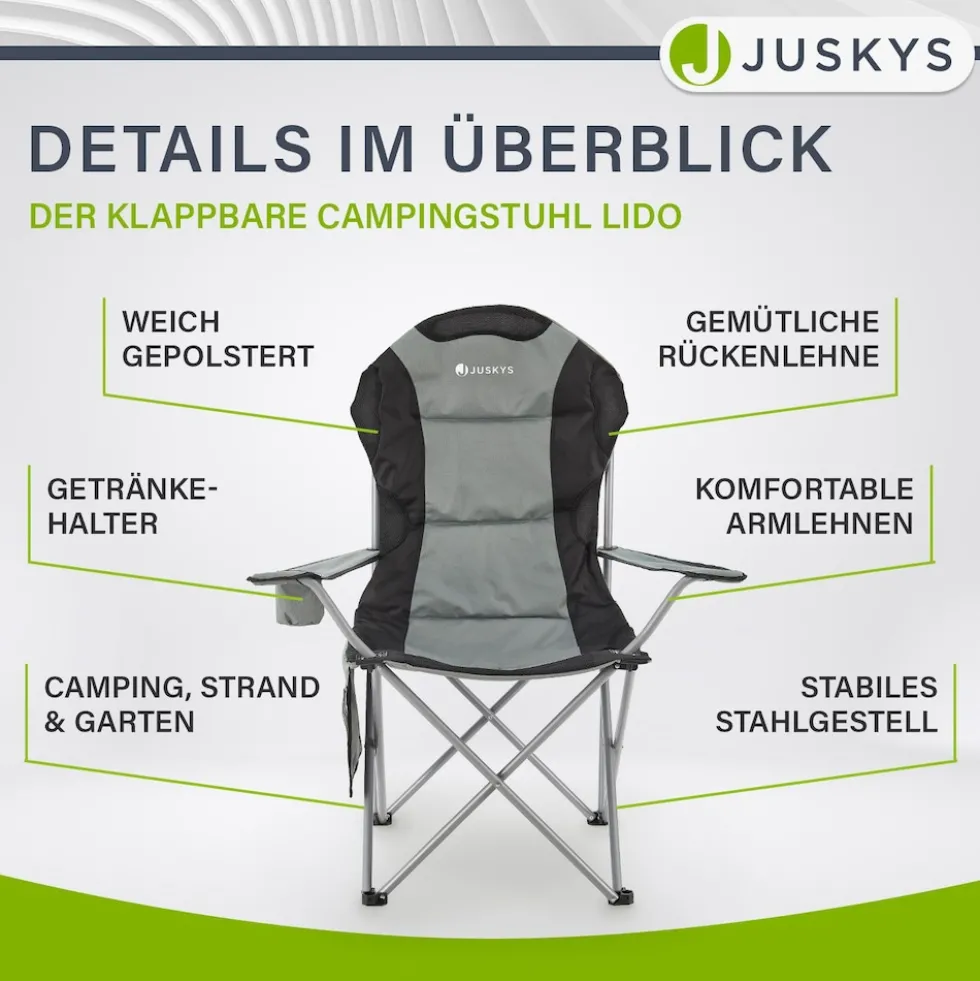 Juskys Campingstuhl Lido mit Getränkehalter & Tasche - Camping Klappstuhl gepolstert - Stuhl Grau