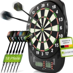 Juskys Elektronische Dartscheibe mit 32 Spielen für bis zu 8 Spieler, LCD-Display & 18 Darts