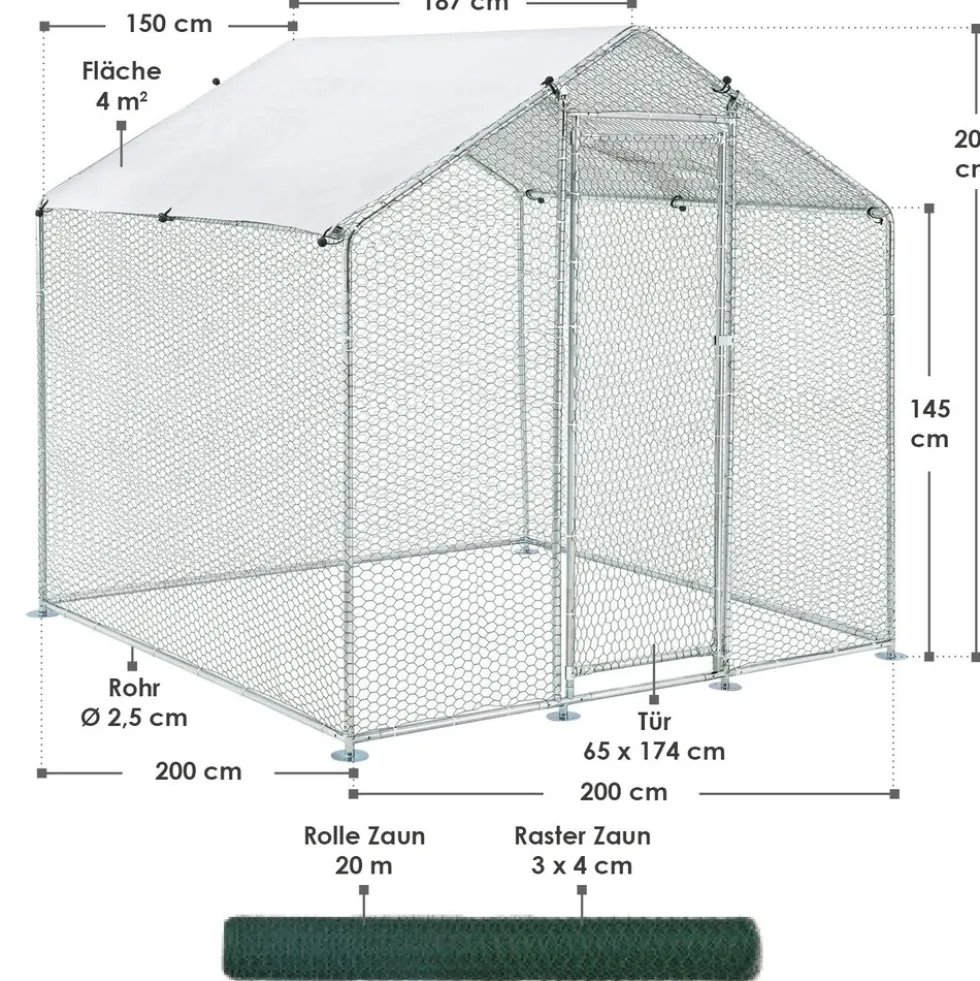 Juskys Freilaufgehege 2x2x2m aus Metall - Freigehege begehbar mit 4 m² Lauffläche, Tür & Riegel