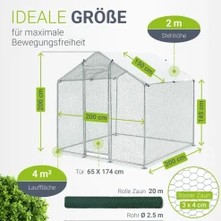 Juskys Freilaufgehege 2x2x2m aus Metall - Freigehege begehbar mit 4 m² Lauffläche, Tür & Riegel