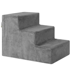 Juskys Haustiertreppe Timmy 36 cm, 3 Stufen Plüsch Grau waschbar– Hundetreppe für Bett, Sofa, Auto