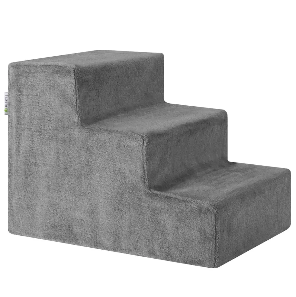 Juskys Haustiertreppe Timmy 36 cm, 3 Stufen Plüsch Grau waschbar– Hundetreppe für Bett, Sofa, Auto