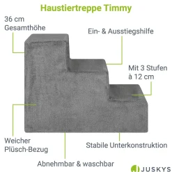 Juskys Haustiertreppe Timmy 36 cm, 3 Stufen Plüsch Grau waschbar– Hundetreppe für Bett, Sofa, Auto