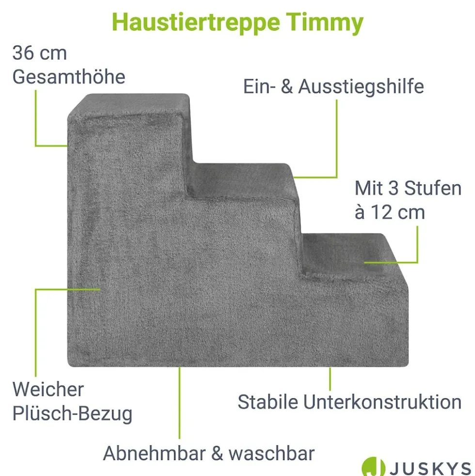 Juskys Haustiertreppe Timmy 36 cm, 3 Stufen Plüsch Grau waschbar– Hundetreppe für Bett, Sofa, Auto
