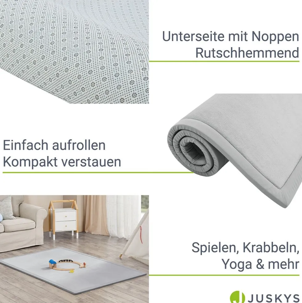 Juskys Krabbelmatte Maila Spielmatte 180x120 cm Yogamatte für Kind, Baby - rutschfest, weich - Grau