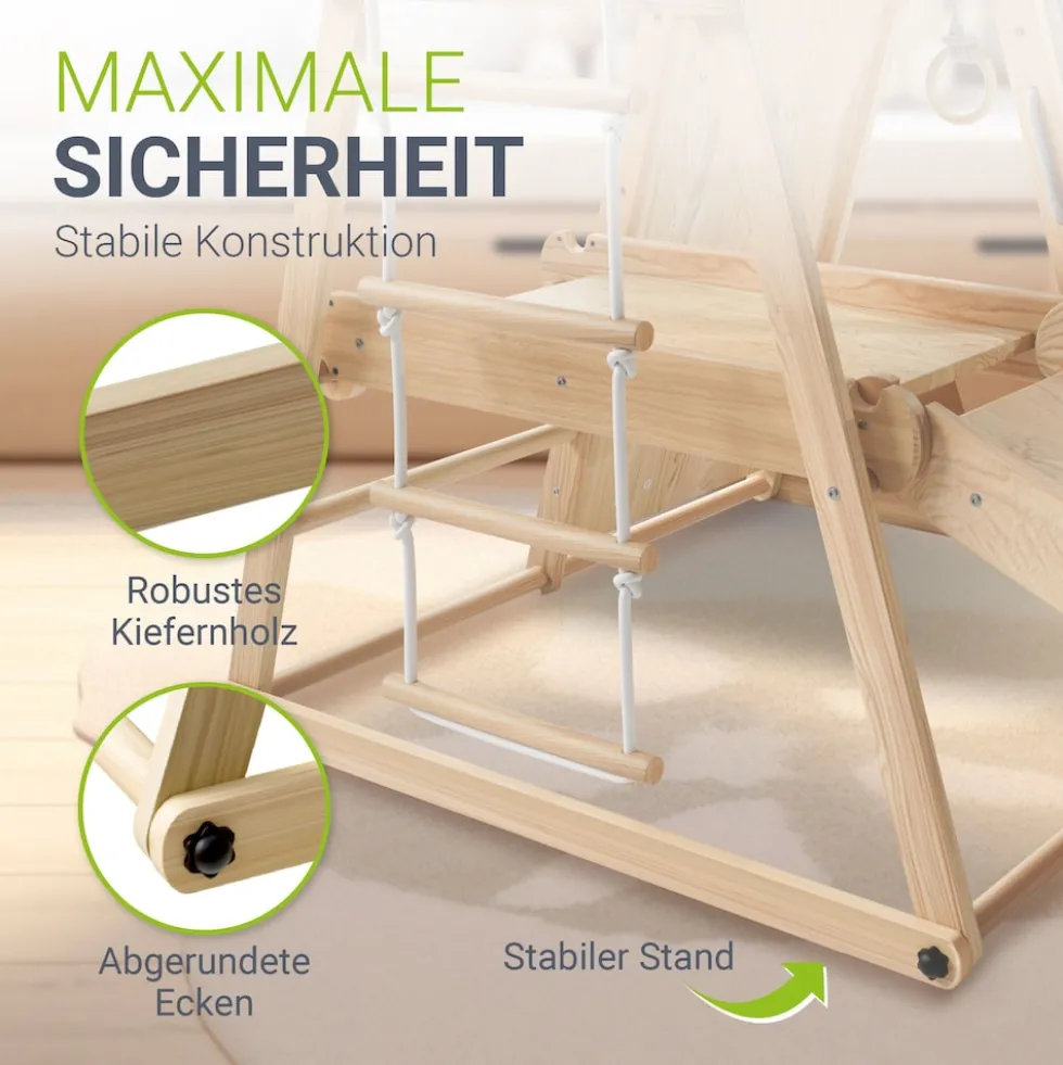 Juskys Mini Klettergerüst für Kinder - Indoor Spielplatz mit Rutsche, Kletterwand & Turnringe Natur