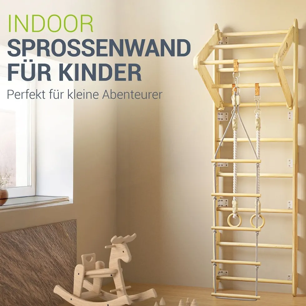 Juskys Sprossenwand für Kinder - Indoor Klettergerüst mit Turnringen, Klimmzugstange, Strickleiter
