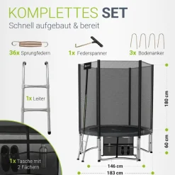 Juskys Trampolin JumpMaster S Ø 183 cm – Gartentrampolin mit Netz, Leiter & Bodenankern