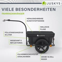 Juskys Transportanhänger Fahrradanhänger 90 Liter - Lastenanhänger mit Kupplung, Deichsel & Plane